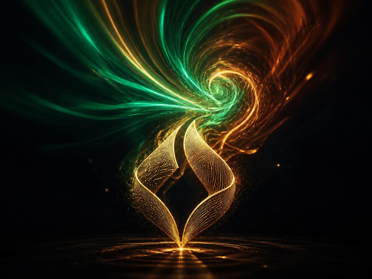 A glowing golden brand mark transforming into swirling light