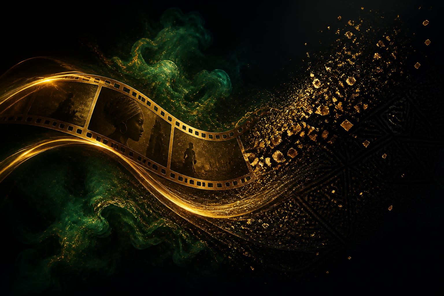 Cinematic golden film strip dissolving into light particles